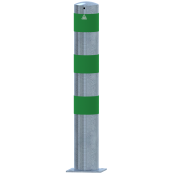 Impact protection bollards | as e-charging post protection |  152 mm | hot-dip galvanized and white powder-coated with 3 green reflective strips foil type RA1/A | To be fixed by plugs